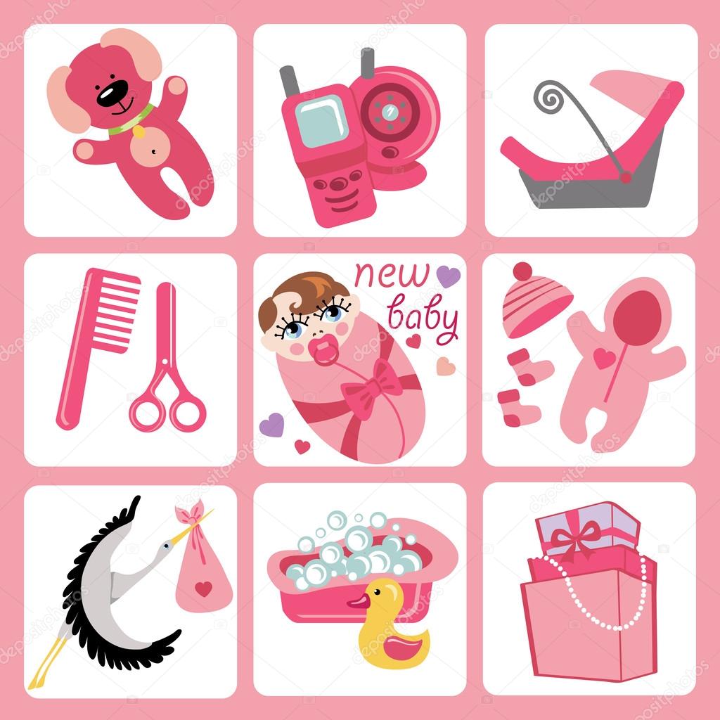 Cute cartoons icons for European baby girl.Newborn set