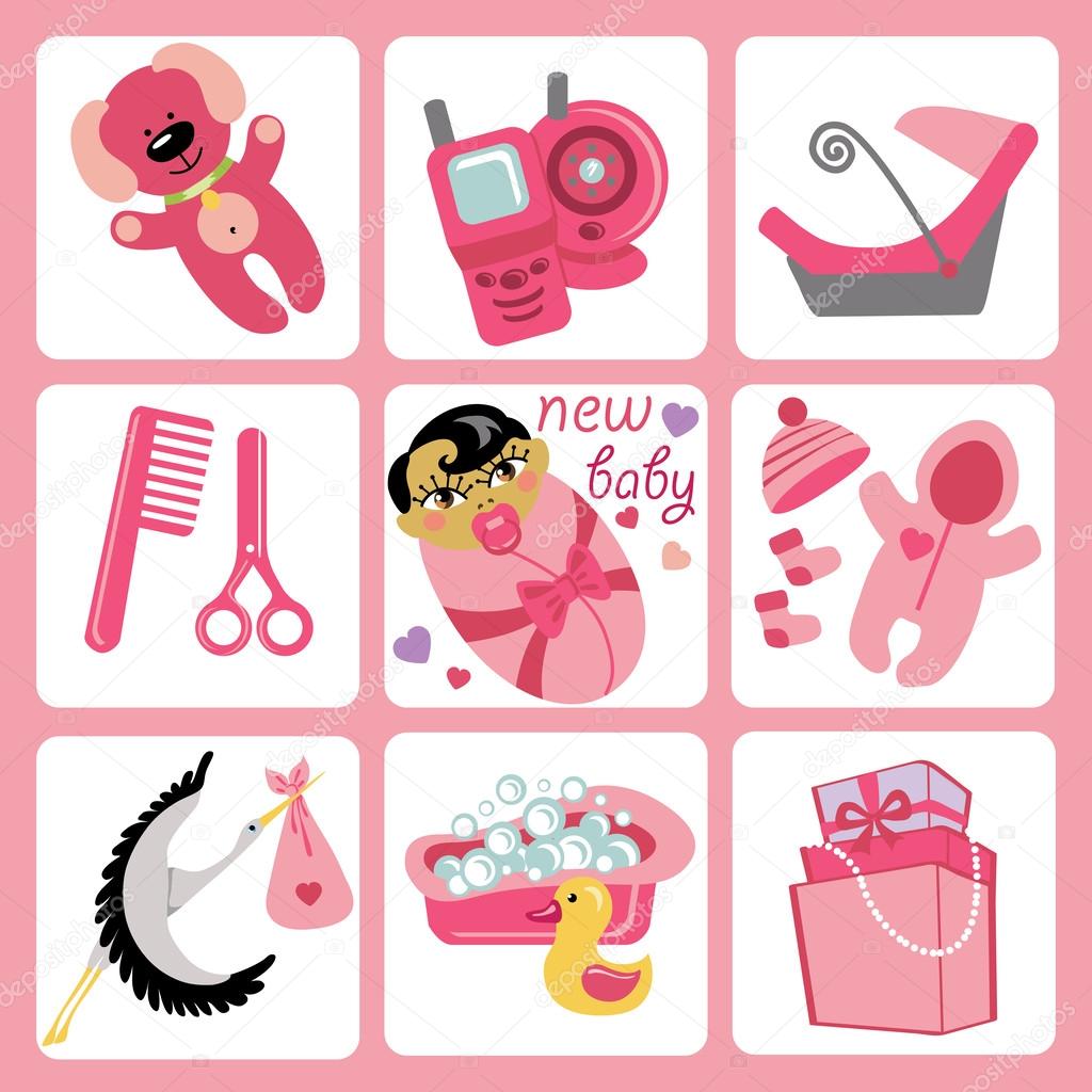 Cute cartoons icons for Asian baby girl.Newborn set