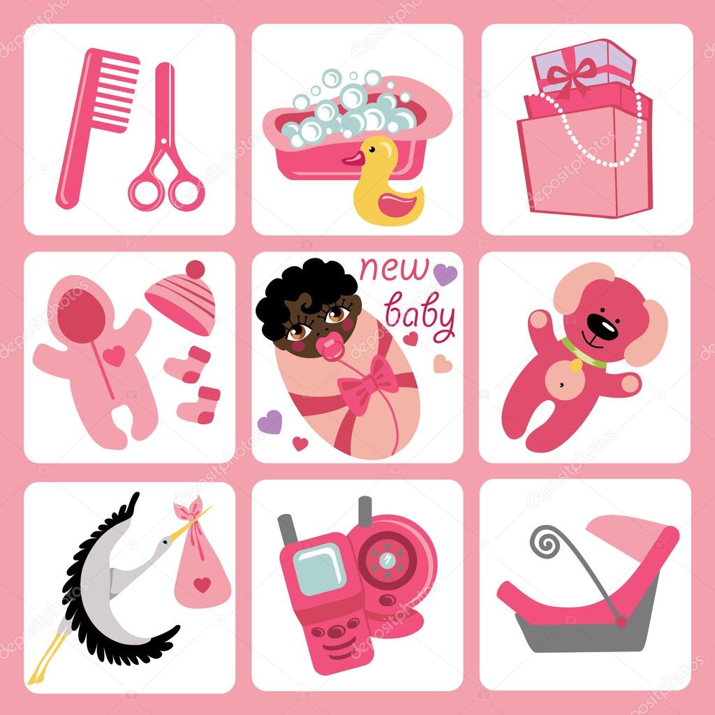 Cute cartoons icons for mulatto baby girl.Newborn set