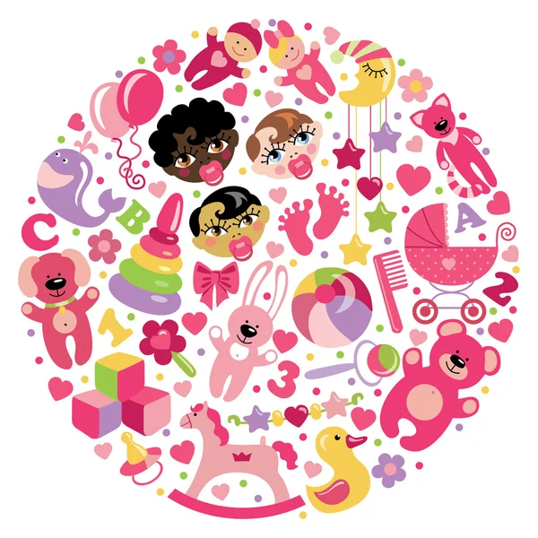 Speelgoed pictogrammen voor babymeisje in cirkel — Stockvector