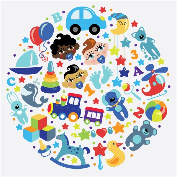 Speelgoed pictogrammen voor babyjongen in vorm van cirkel — Stockvector