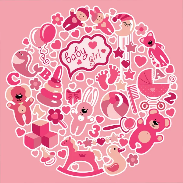 Toys icons for baby girl in circle.Pink colors — Stock Vector