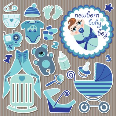 Cute items for European newborn baby boy.Strips background clipart