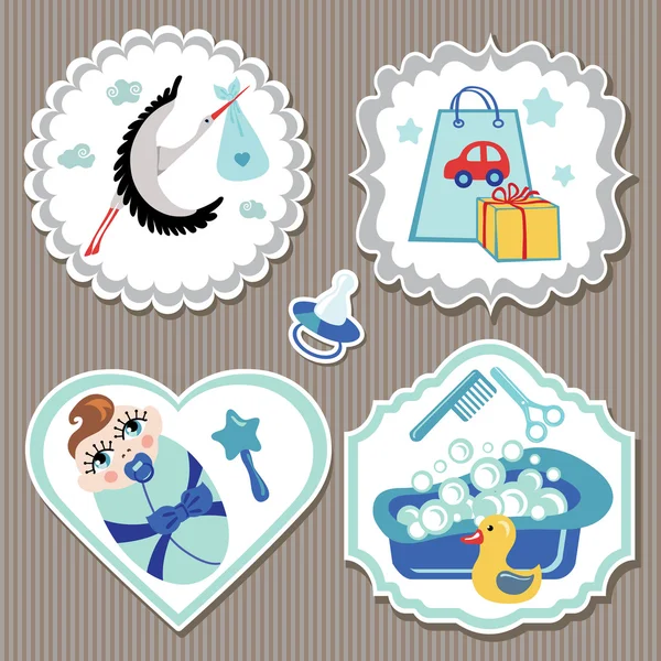 Label set with items for European newborn baby boy — Stock Vector