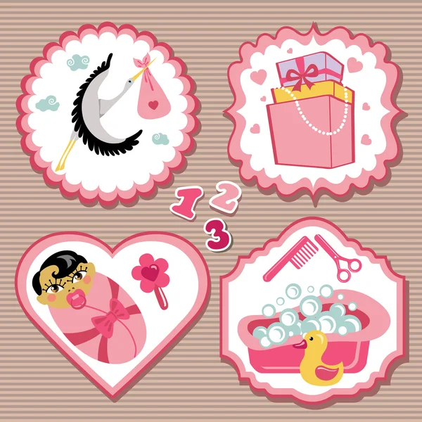 Label set with items for Asian newborn baby girl — Stock Vector