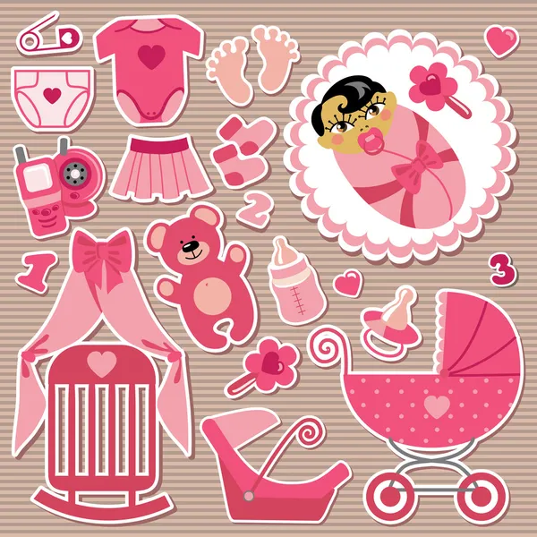 Cute items for Asian baby girl.Strips background — Stock Vector