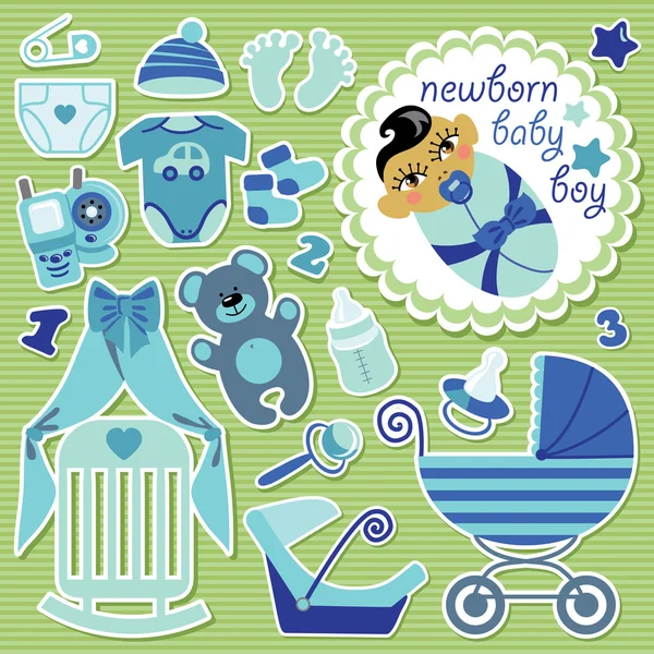 Cute items for Asian baby boy.Strips background — Stock Vector