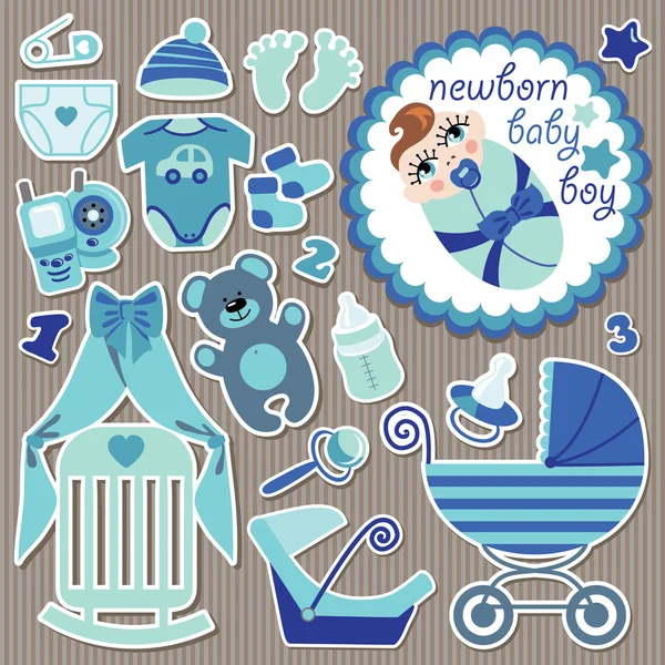 Cute items for European newborn baby boy.Strips background — Stock Vector