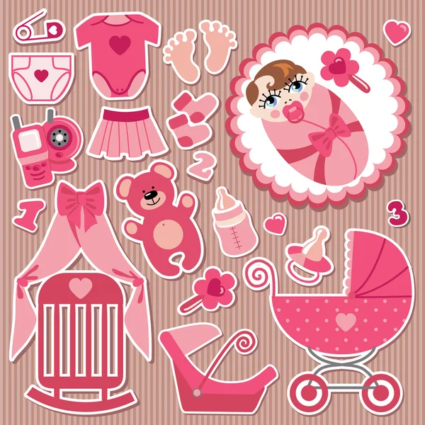 Cute items for European baby girl.Strips background — Stock Vector