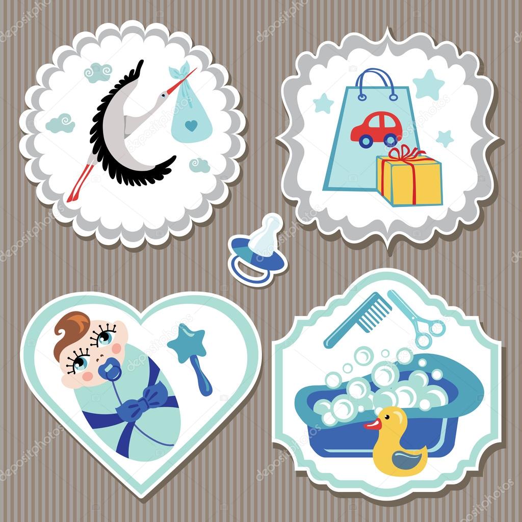 Label set with items for European newborn baby boy
