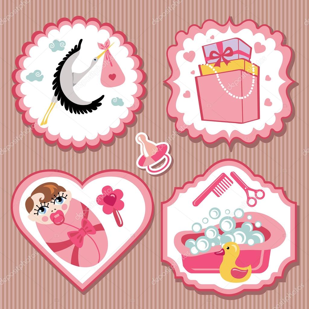 Label set with items for European newborn baby girl