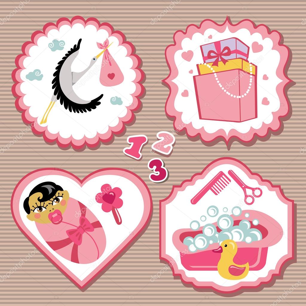 Label set with items for Asian newborn baby girl