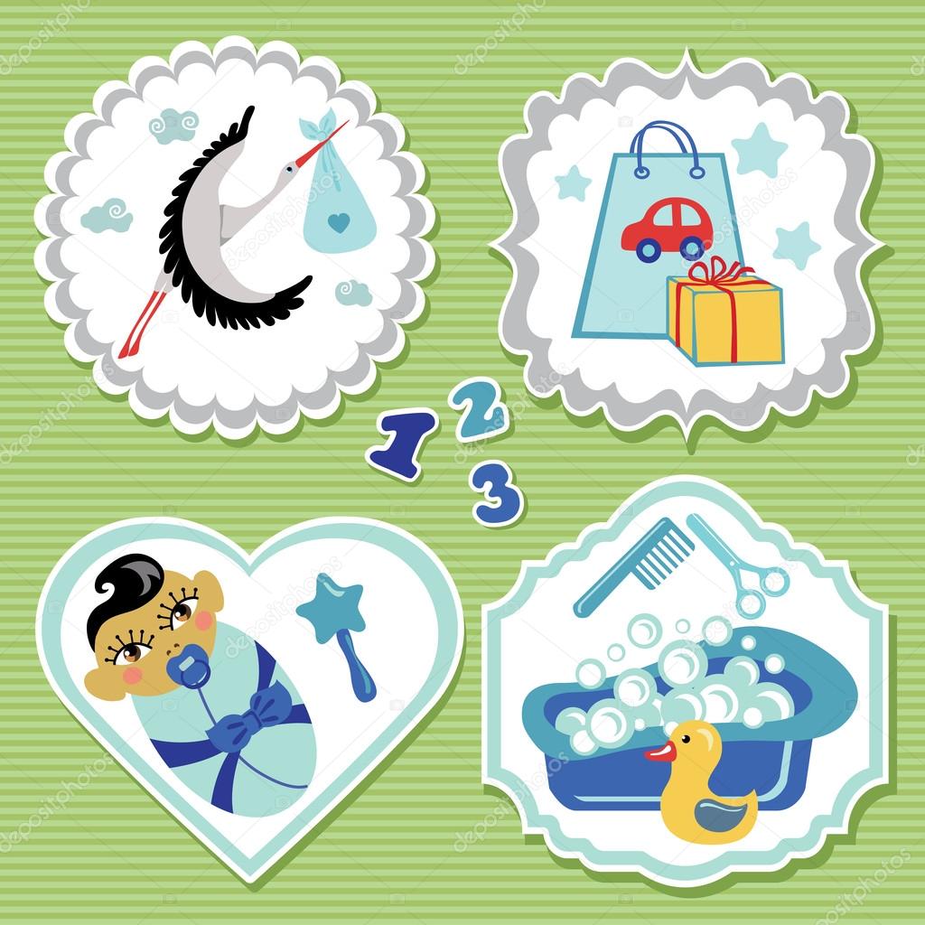 Label set with items for Asian newborn baby boy