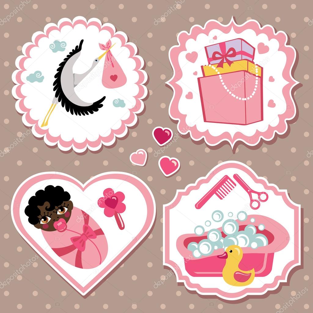 Label set with items for mulatto newborn baby girl