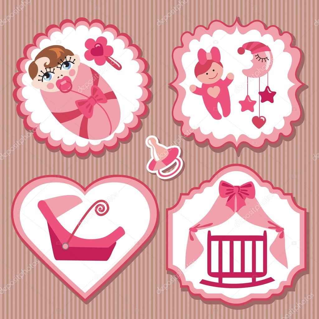 Label set with elements for European newborn baby girl