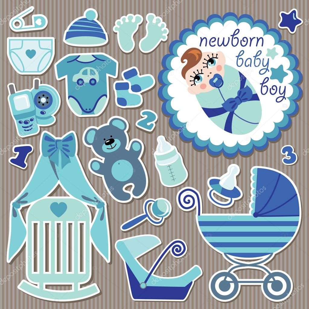 Cute items for European newborn baby boy.Strips background