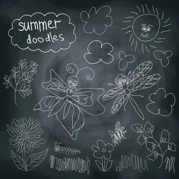 Summer Doodle set on chalkboard background — Stock Vector