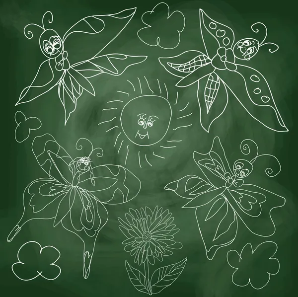 Butterfly,sun,clouds on chalkboard background — Stock Vector