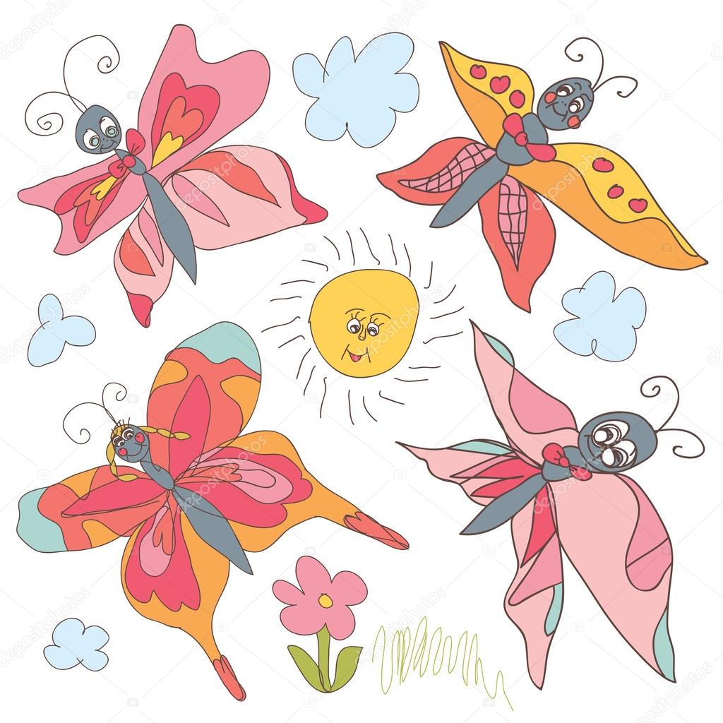 Butterfly Doodle set.Children's hand drawing