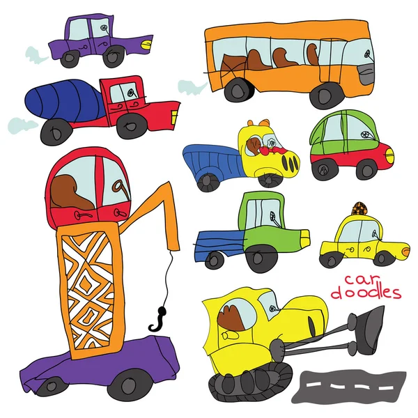 Mano del niño dibujar coche element.Funny dibujos animados de colores Doodle — Vector de stock