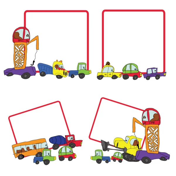 Mano del niño dibujar cars.Funny Doodle cuadrado marco conjunto — Vector de stock