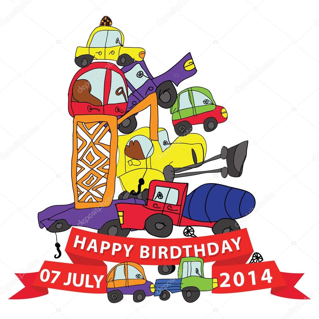 Happy birthday.Child's hand draw cars.Funny Doodle composition
