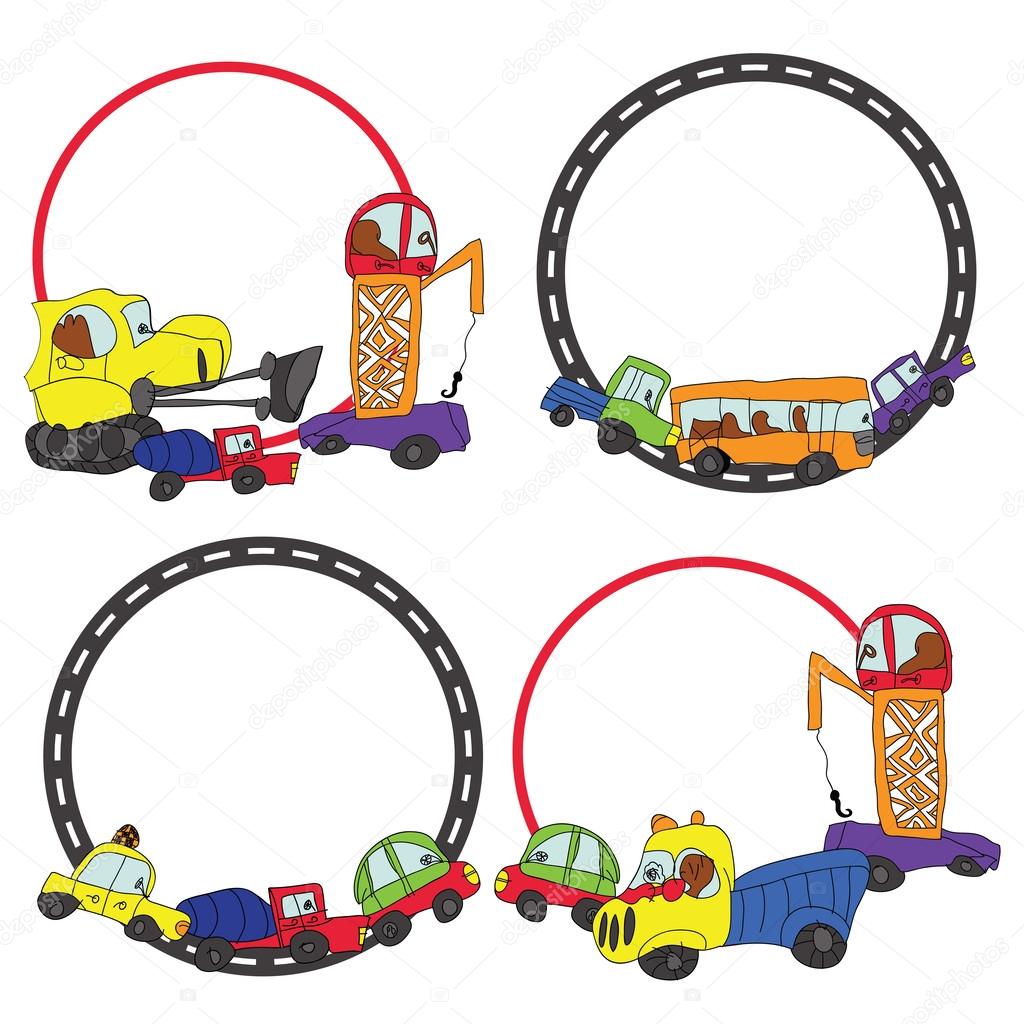 Child's hand draw cars.Funny Doodle circle Frame set