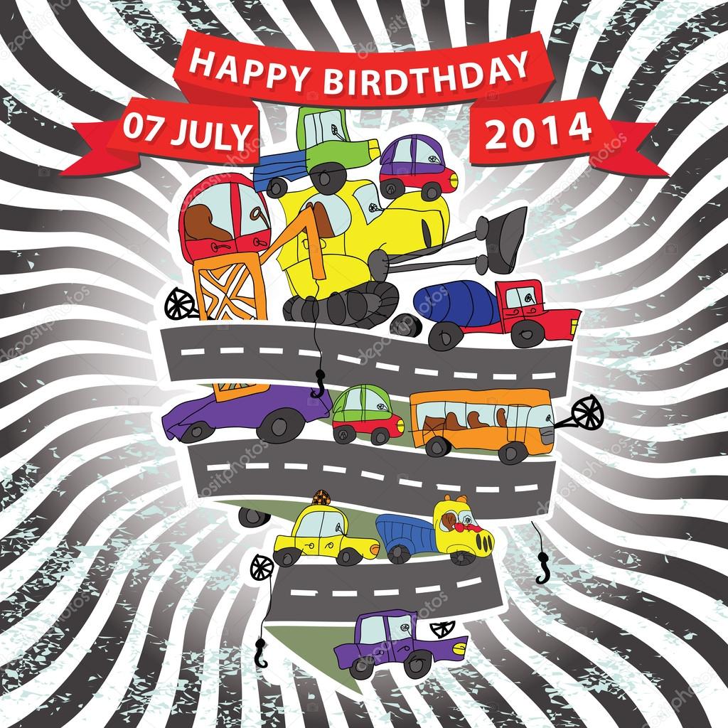 Child's hand draw cars.Funny Doodle composition.Happy birthday