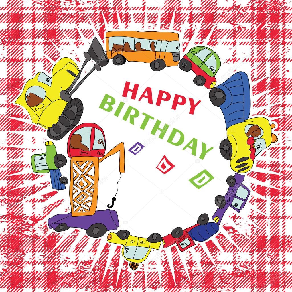 Child's hand draw cars.Funny Doodle.Happy birthday