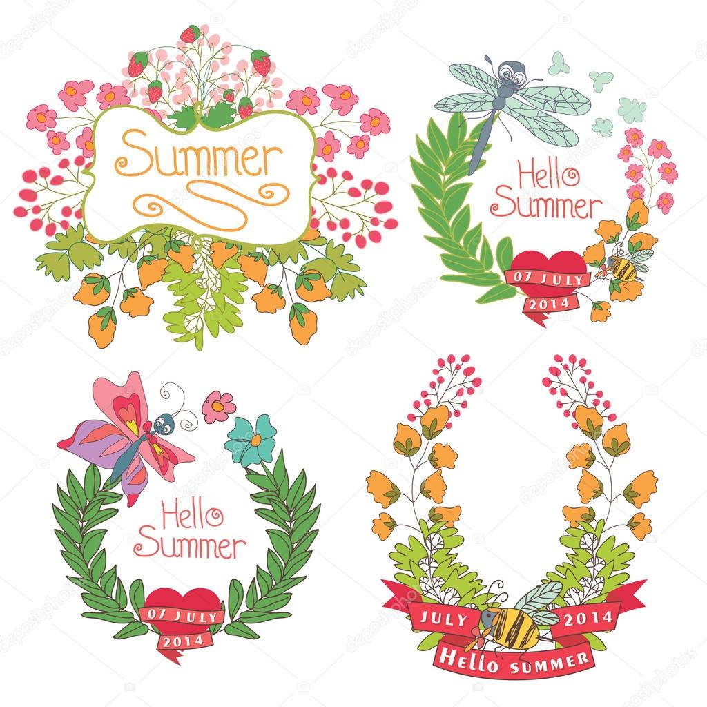 Stylish Vintage floral label with butterflies,bees.Hellow summer