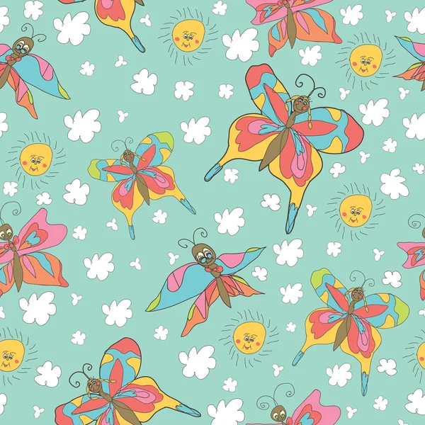 Stylish fun seamless pattern with butterflies, sun, clouds Doodle — стоковое фото