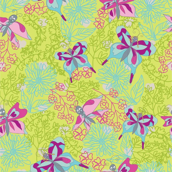 Stylish floral seamless pattern with Doodles butterflies — Stock Photo, Image