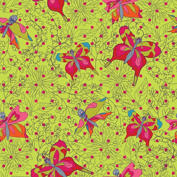 Stylowe kwiatów i motyli pattern.doodles bez szwu — Zdjęcie stockowe
