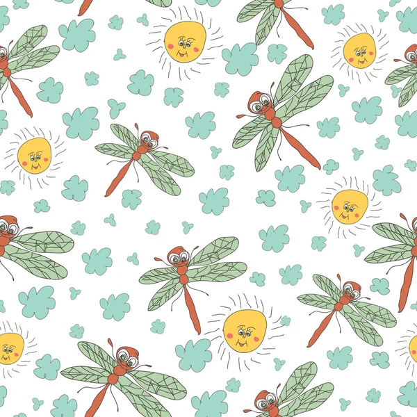 Stylish fun seamless pattern with dragonfly, sun, clouds Doodles — стоковое фото