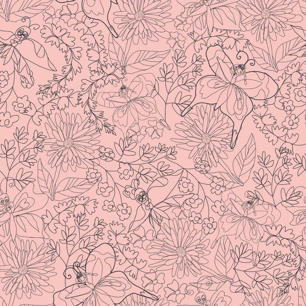Esquema elegante patrón floral sin costuras con mariposas Doodles —  Fotos de Stock