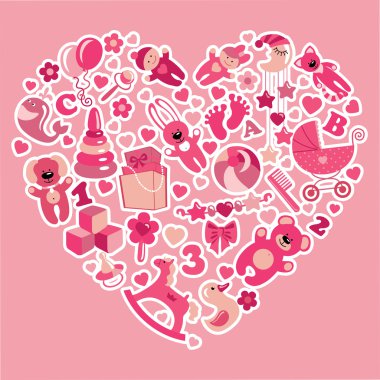 Toys icons for baby girl in Heart.Pink colors clipart