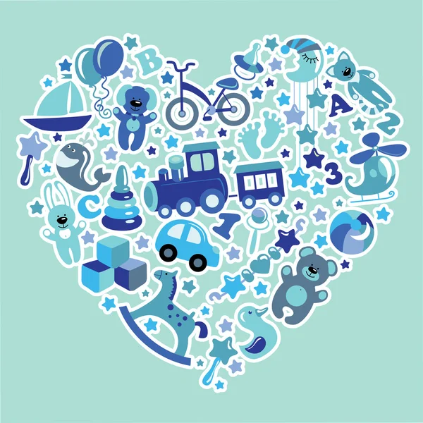 Játékok ikonok a kisfiát, szív, kék színben — Stock Fotó