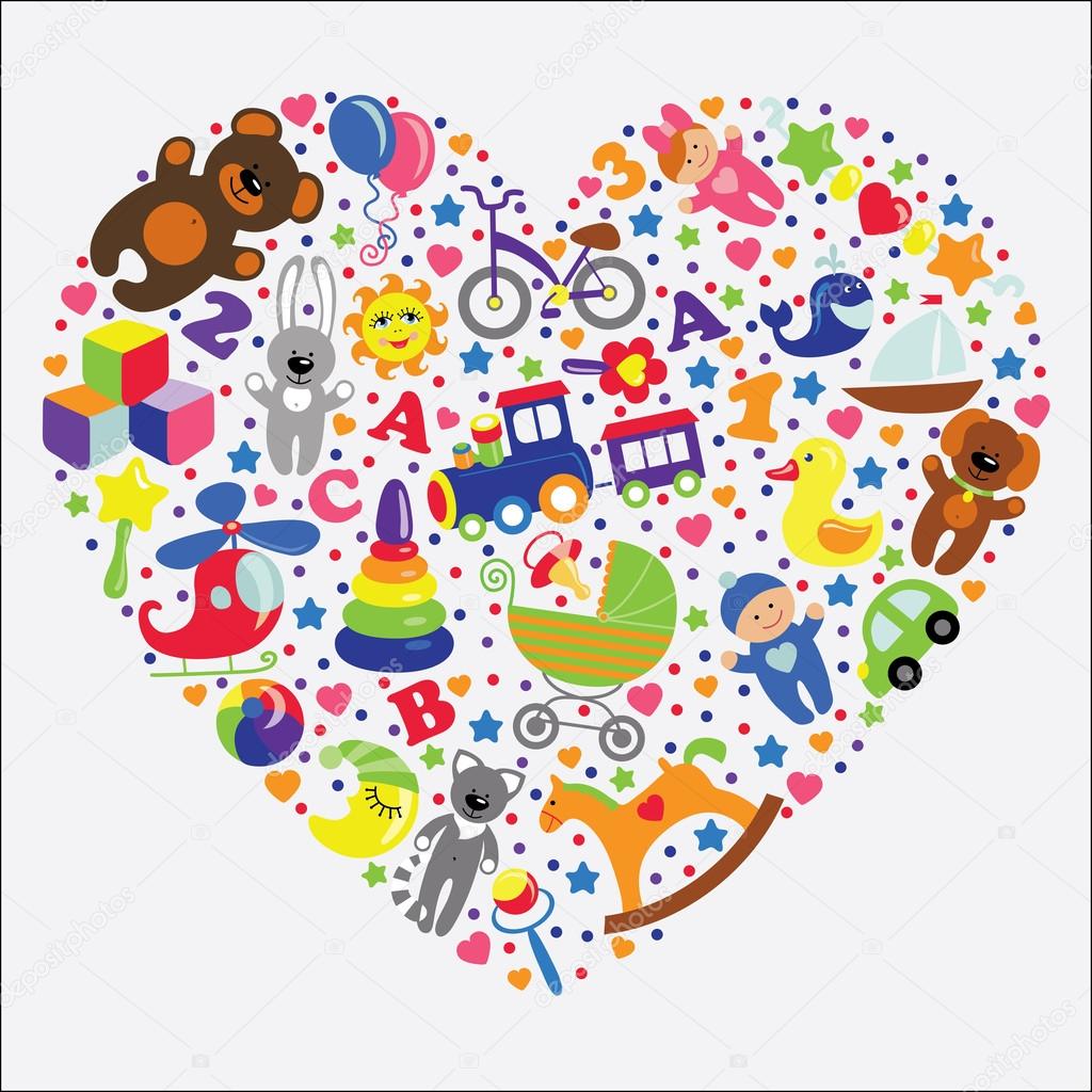 Baby toys icons in heart.Set collection