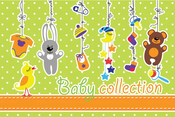 Newborn baby items hanging on the rope.Baby fashion set — Stock Photo, Image