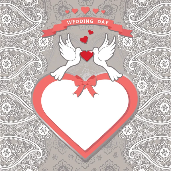 Cute template.Paisley border lace, hearts label,cartoon pigeons — Stock Photo, Image