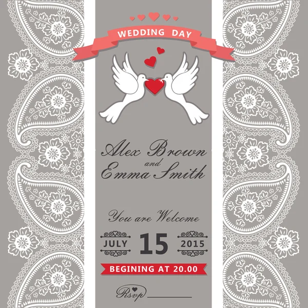 Linda boda invitation.Paisley encaje fronterizo, dibujos animados pigeons.Vint —  Fotos de Stock