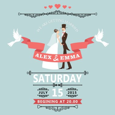 karikatür gelin ve damat ile düğün davetiyesi