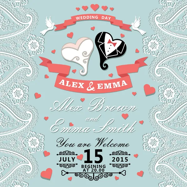 Vintage wedding invitation with Paisley border,cartoon wedding h — Stock Photo, Image