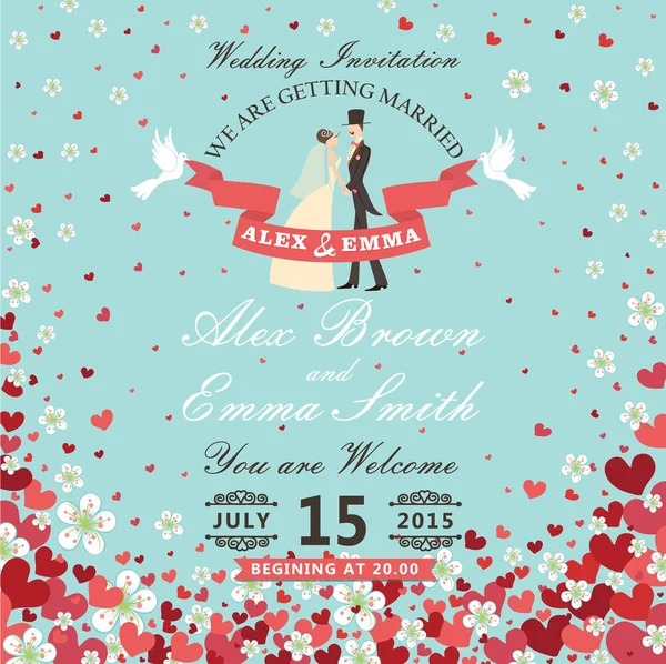 Wedding invitation.Bride and groom.Flying hearts, flowers backgro — стоковое фото