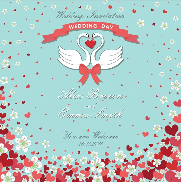 Γάμου invitation.swans,flying καρδιές, λουλούδια φόντο — Φωτογραφία Αρχείου