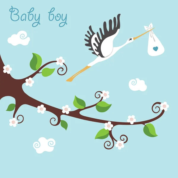 Niedliche Karikatur blühender Zweig.fliegender Storch mit neugeborenem Baby-Jungen — Stockfoto