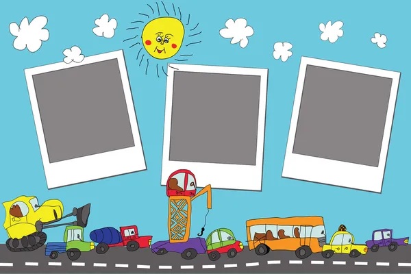 Divertido dibujo animado Doodle foto frame.Child mano dibujar coches — Foto de Stock