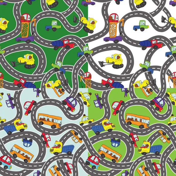 Divertido conjunto de dibujos animados Doodle patrón sin costuras. Mano del niño dibujar coches —  Fotos de Stock