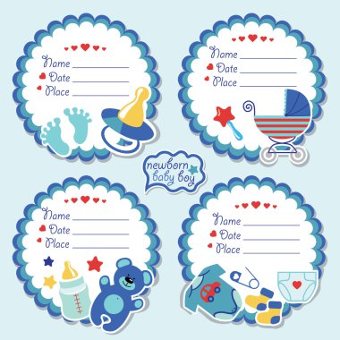 Cute label kit with items for newborn baby boy clipart