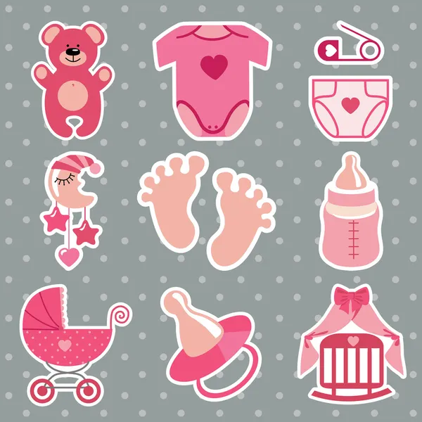 Cute  icons for newborn baby girl.Polka dot background — Stock Photo, Image